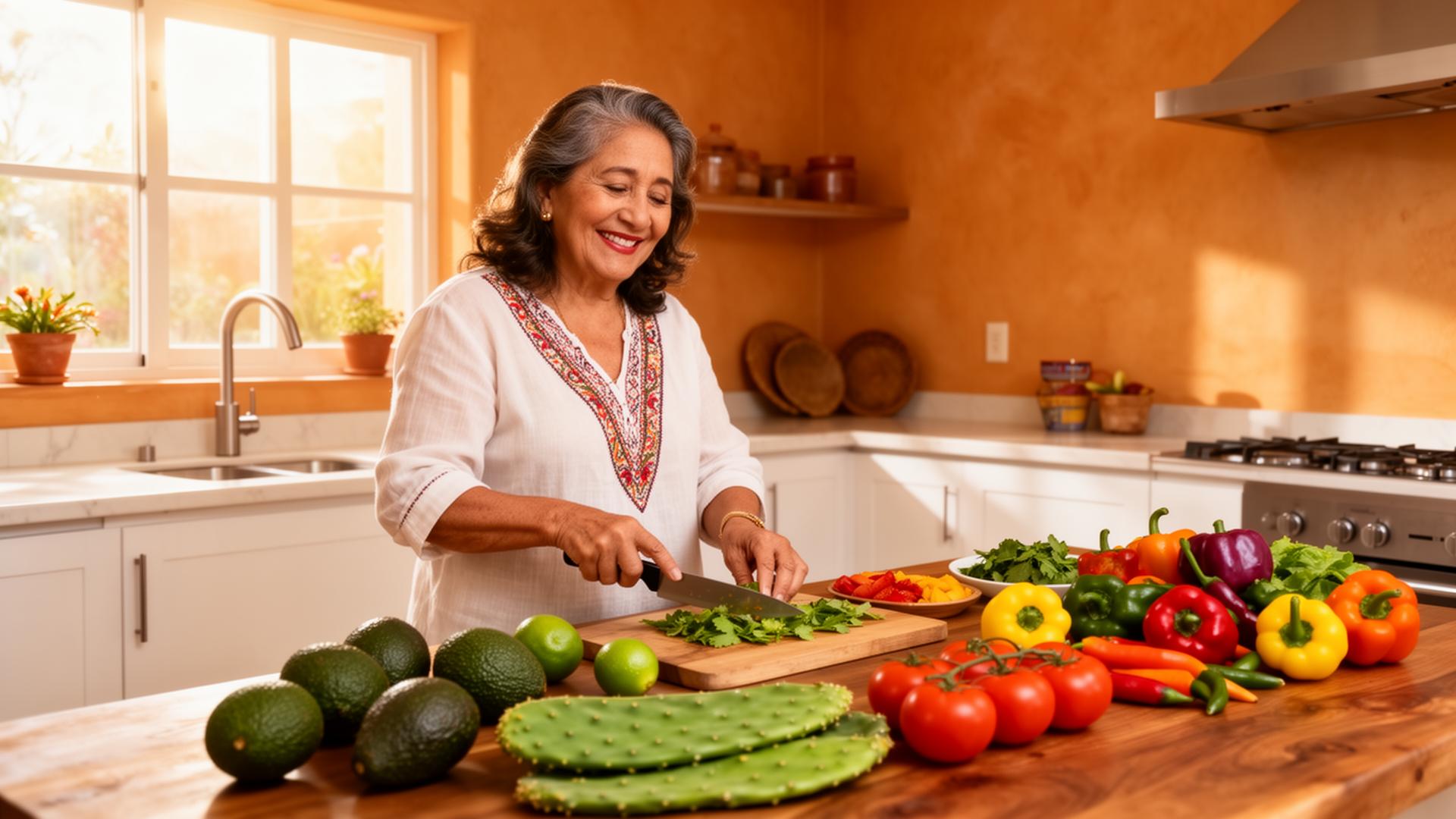 Mujer mexicana de más de 50 años feliz cocinando alimentos frescos y funcionales en su cocina